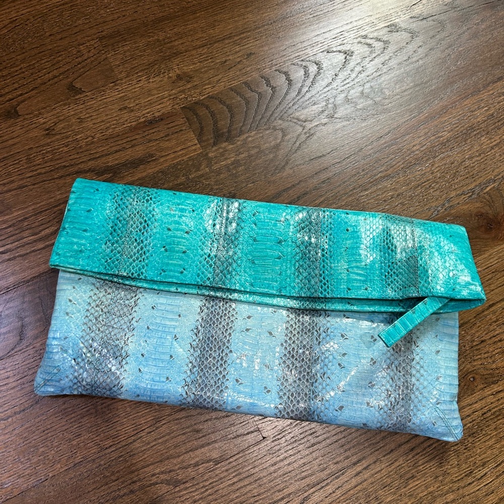 Carlos Fuchi Teal & Light Blue Snakeskin Fold-Over Clutch